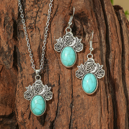 Bohemian Style Alloy & Synthetic Turquoise Pendant Necklaces & Dangle Earrings Sets WG2E1B4-03-1