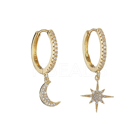 Clear Cubic Zirconia Star & Moon Asymmetrical Earrings LS-MOST-PW0001-064G-1