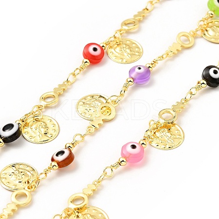 Glass Flat Round with Enamel Evil Eye Beaded Chains CHC-G017-23G-01-1