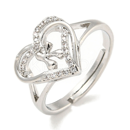 Heart with Letter Rack Plating Brass Micro Pave Clear Cubic Zirconia Adjustable Rings for Women RJEW-I105-01P-K-1