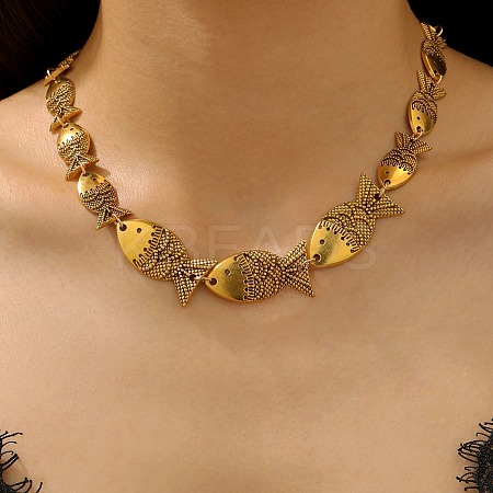 Tibetan Style Alloy Graduated Fish Link Chain Necklaces for Women LS-NJEW-C102-01AG-1