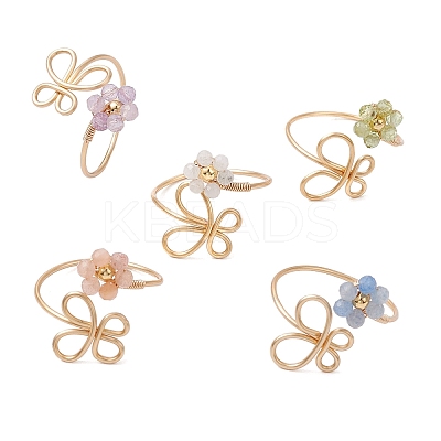Flower Natural Peridot & Rainbow Moonstone & Amethyst & Blue Aventurine & Sunstone Finger Rings RJEW-JR00778-1