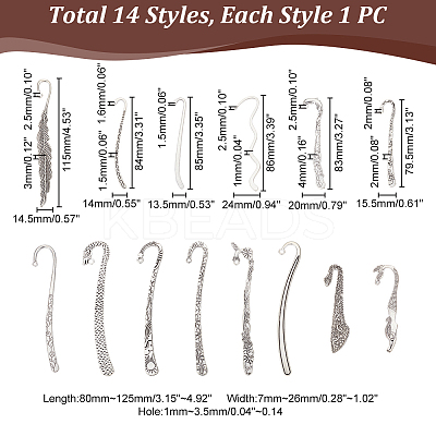 14Pcs 14 Styles Tibetan Style Alloy Bookmarks Findings AJEW-UN0001-69-1