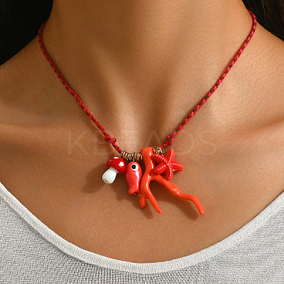 Summer Beach Porcelain Coral Fish Starfish Mushroom Pendant Cotton Cord Necklaces FS-WGEA949-01-1