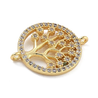 Rack Plating Brass Clear Cubic Zirconia Flat Round with Tree Connector Charms KK-A234-032G-1