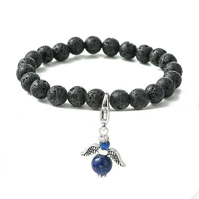 Natural Lava Rock & Gemstone Stretch Bracelet with Alloy Fairy Charms BJEW-JB08730-1