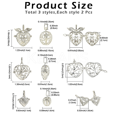 6Pcs 3 Styles Brass & Alloy Bead Cage Pendants FIND-YW0011-82-1