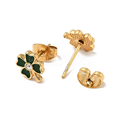 Ion Plating(IP) Enamel Clover with Crystal Rhinestone Stud Earrings with 316 Surgical Stainless Steel Pins EJEW-A081-12G-02-1