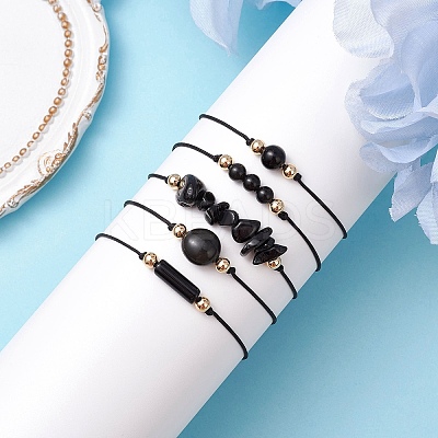 5Pcs 5 Styles Natural Obsidian Braided Bead Bracelets BJEW-JB11681-01-1