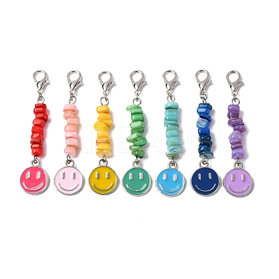 7Pcs Natural Freshwater Shell Chips & Smiling Face Alloy Enamel Pendant Decorations HJEW-JM04198-02-1