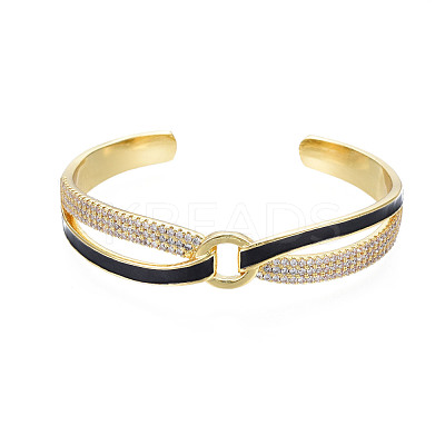 Clear Cubic Zirconia Criss Cross with Ring Open Cuff Bangle with Enamel BJEW-N012-018-1