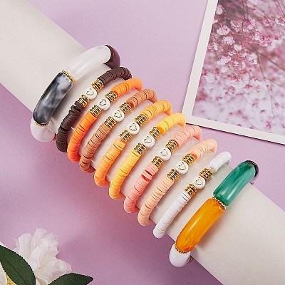 10Pcs 10 Style Handmade Polymer Clay Heishi Beaded Stretch Bracelets Set with Heart BJEW-SW00036-01-1