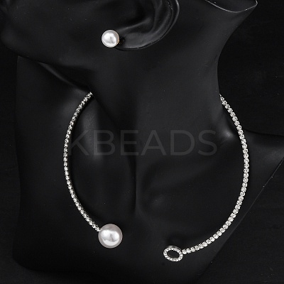 Round Plastic Imitation Pearl Stud Earrings & Cubic Zirconia Rhinestone Cuff Choker Necklaces Sets SJEW-U003-05P-1