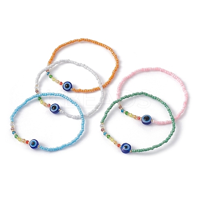Evil Eye Resin & Glass Beaded Stretch Bracelet BJEW-JB09491-1