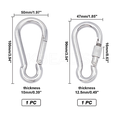 2Pcs 2 Style 304 Stainless Steel Rock Climbing Carabiners STAS-UN0020-68P-1