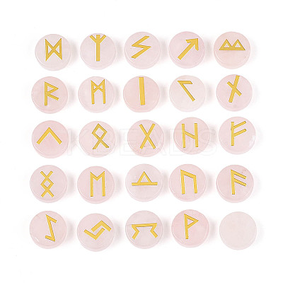 Brass Elder Futhark Alphabet Engraved Symbol Flat Round Natural Rose Quartz Rune Stones G-I373-01G-1