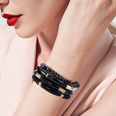 4Pcs 4 Style Acrylic Chunky Curved Tube Stretch Bracelet Sets BJEW-SW00074-02-1