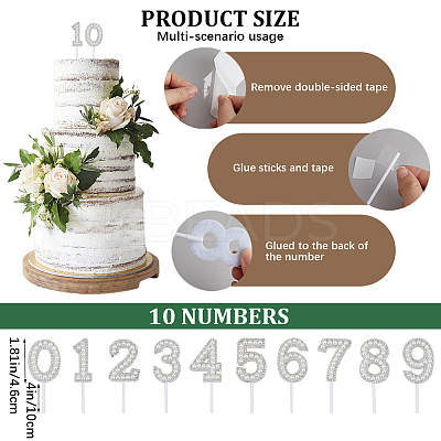 10 Sets 10 Style Number Plastic Imitation Pearl & Rhinestone Cake Toppers FIND-CP0001-67-1