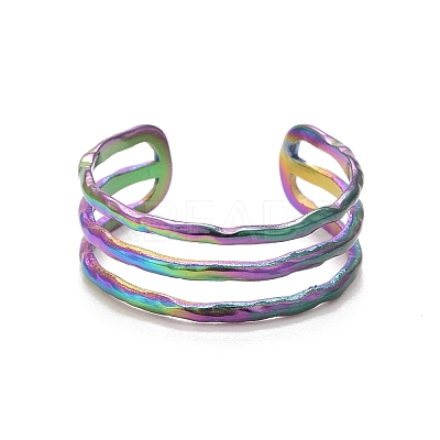 Ion Plating(IP) Rainbow Color 304 Stainless Steel Triple Line Open Cuff Ring for Women RJEW-C025-12M-1