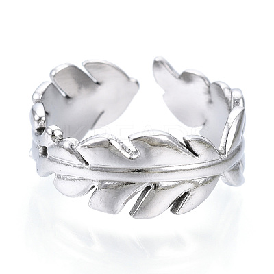 Non-Tarnish 304 Stainless Steel Leaf Open Cuff Ring for Women RJEW-N040-28-1