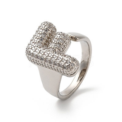 Letter Brass Micro Pave Clear Cubic Zirconia Open Cuff Ring for Women RJEW-N046-03F-P-1