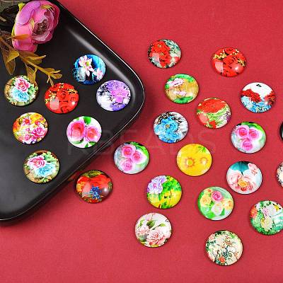 Flower Printed Glass Cabochons GGLA-SZ0001-15-1