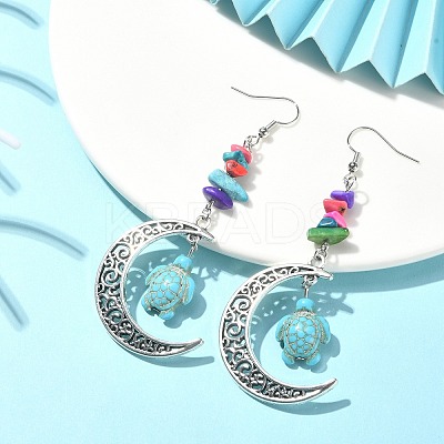 Dyed Synthetic Turquoise Crescent Moon with Tortoise Dangle Earring EJEW-JE05269-02-1
