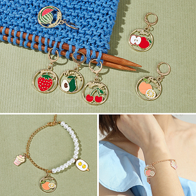 Alloy Enamel Round Ring with Fruit Pendant Locking Stitch Markers HJEW-PH01892-1