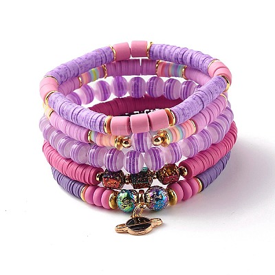 Natural Lava Rock & Polymer Clay Heishi Beads Stretch Bracelets Sets BJEW-SZ0002-16-1