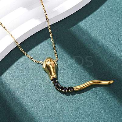 304 Stainless Steel Jet Rhinestone Snake Pendant Cable Chain Necklaces for Women NJEW-A051-01G-1