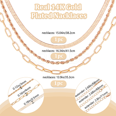 3Pcs 3 Styles Brass Chain Stackable Nacklaces Set NJEW-BBC0001-30-1