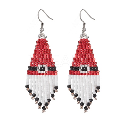 304 Stainless Steel Glass Seed Beads Christmas Hat Dangle Earrings EJEW-MZ00528-1