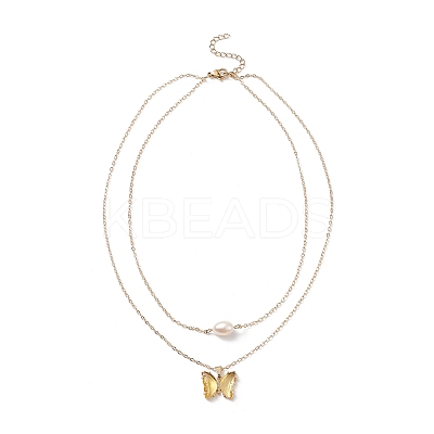 Glass Butterfly & Natural Pearl Pendants Double Layer Necklace with Clear Cubic Zirconia NJEW-TA00043-04-1