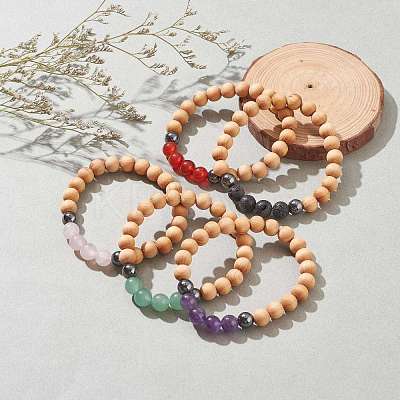 Natural Wood Beads Stretch Bracelets BJEW-JB06516-1