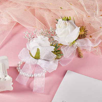 2Pcs 2 Style Silk Cloth Imitation Flower Boutonniere & Wrist Corsage AJEW-CP0005-81-1