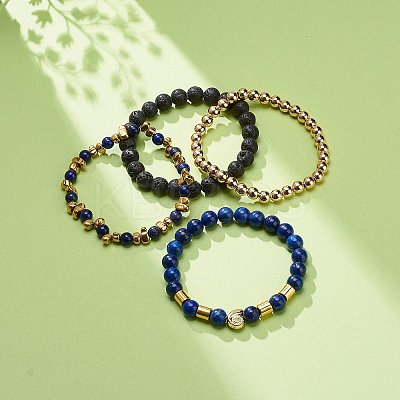 4Pcs 4 Style Natural Lava Rock & Lapis Lazuli(Dyed) & Synthetic Hematite Stretch Bracelets Set with Alloy Shell Beaded BJEW-JB08738-1