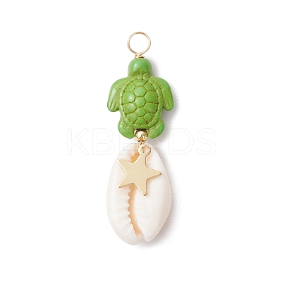 12Pcs 12 Styles Natural Cowrie Shell & Dyed Synthetic Turquoise Turtle Copper Wire Wrapped Pendants PALLOY-JF04035-1
