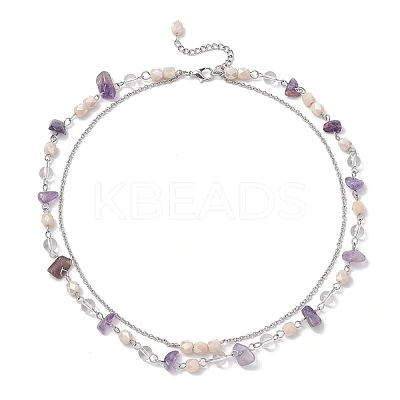 2Pcs 2 Styles Natural Amethyst Chip & Glass & 304 Stainless Steel Handmade Link Chain Double Layer Necklaces for Women NJEW-JN05363-1