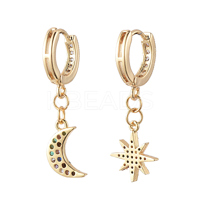 Star and Moon Asymmetrical Dangle Hoop Earrings EJEW-JE04031-01-1