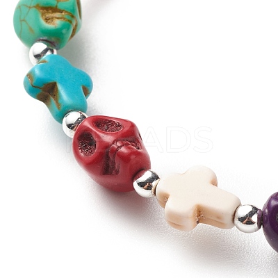 Synthetic Turquoise(Dyed) Cross & Skull Beaded Stretch Bracelet BJEW-JB08452-02-1