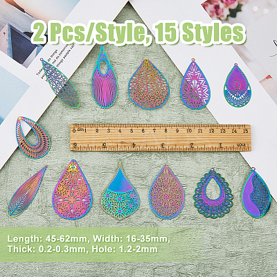 30Pcs 15 Style Ion Plating(IP) 201 & 304 Stainless Steel Filigree Pendants STAS-DC0015-58-1