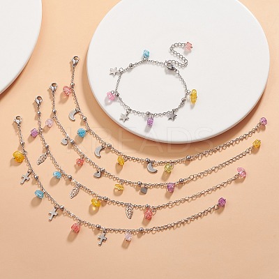 Synthetic Crackle Quartz Chips & 304 Stainless Steel Charm Bracelet for Women BJEW-JB09331-1
