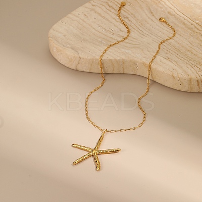 304 Stainless Steel Starfish Pendant Necklaces for Women NJEW-C107-01G-1
