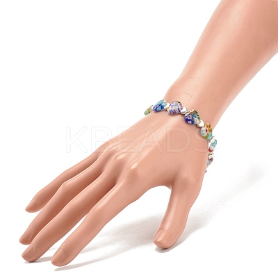 Handmade Millefiori Lampwork & Alloy Heart Beaded Stretch Bracelet BJEW-JB08042-03-1