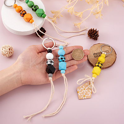 6Pcs 6 Colors Schima Wood & Cotton Cord Keychain KEYC-KS0001-03-1