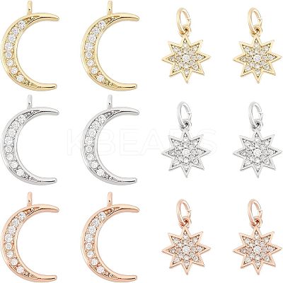 12Pcs 6 Style Brass Micro Pave Clear Cubic Zirconia Charms KK-FH0003-88-1