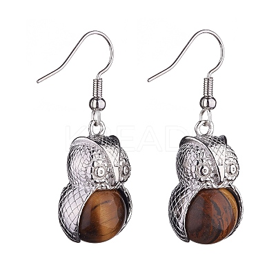 Natural Tiger Eye Owl Dangle Earrings EJEW-A092-08P-12-1