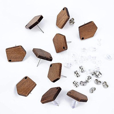 10 Pairs Polygon Walnut Wood Stud Earring Findings MAK-BC0001-21-1