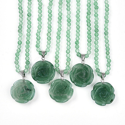 Natural Green Aventurine 4.5mm Round Beaded Flower Pendant Necklaces NJEW-T016-04F-1
