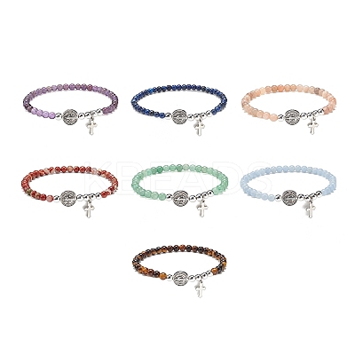 7Pcs 7 Style Natural Mixed Gemstone & Alloy Saint Benedict Medal Beaded Stretch Bracelets Set BJEW-JB08877-1